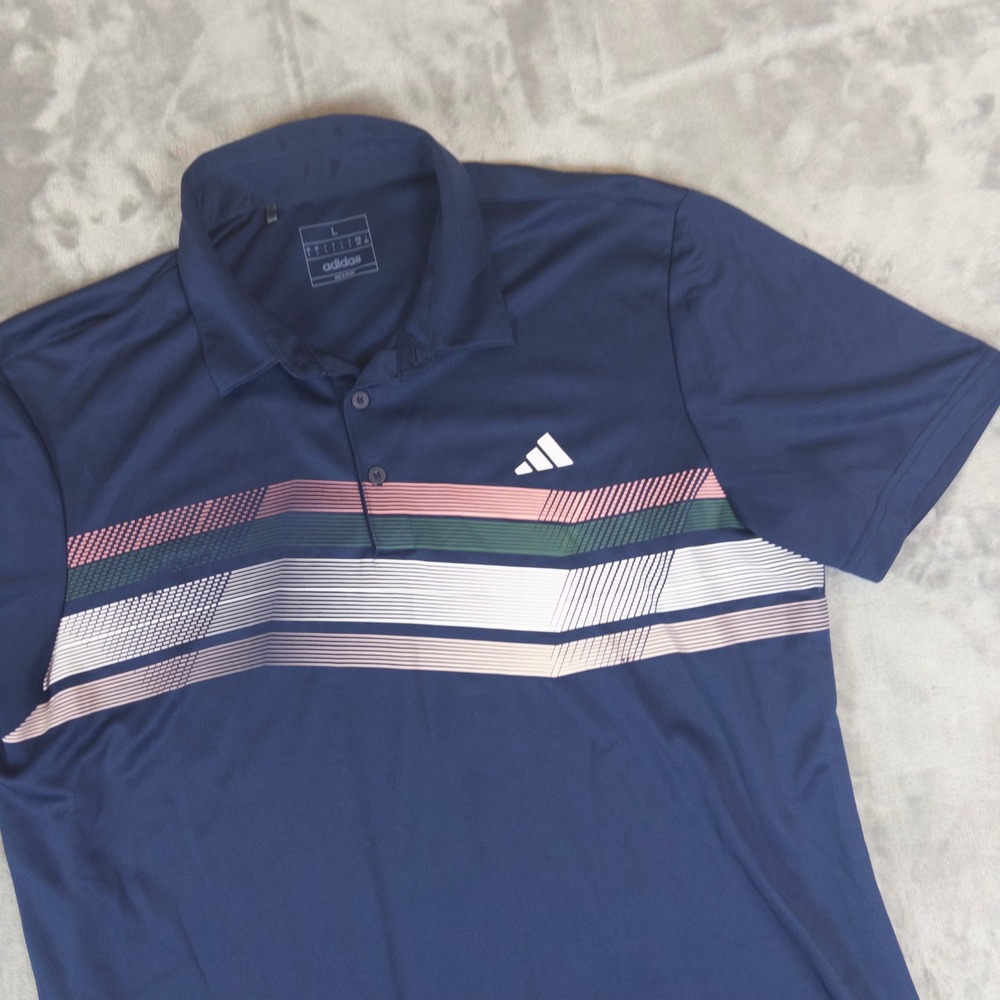 Adidas Polo Shirt Mens L Blue Graphic Stripe Golf Performance Activewear